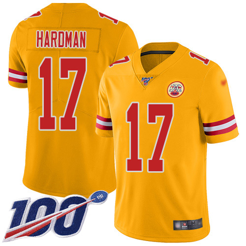 Youth Kansas City Chiefs #17 Hardman Mecole Limited Gold Inverted Legend 100th Season Football Nike NFL Jersey->youth nfl jersey->Youth Jersey